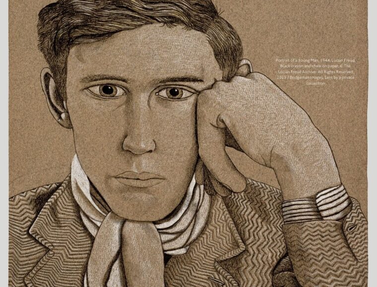 Portrait of a Young Man, 1944, Lucian Freud, Black crayon and chalk on paper, © The Lucian Freud Archive. All Rights Reserved 2025 / Bridgeman Images, Lent by a private collection