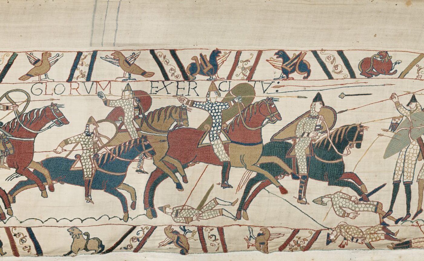Close-up of Bayeux Tapestry, for a stay One Aldwych in Covent Garden in London, featuring intricate medieval embroidery-style artwork.
