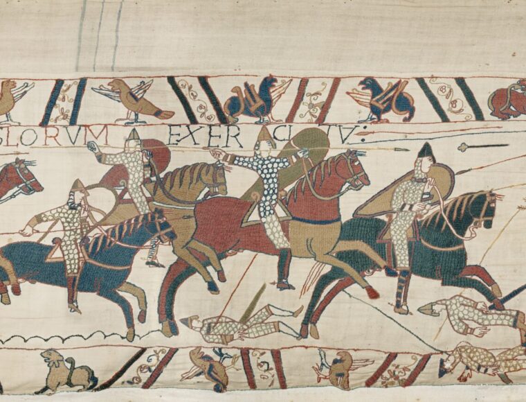 Close-up of Bayeux Tapestry, for a stay One Aldwych in Covent Garden in London, featuring intricate medieval embroidery-style artwork.