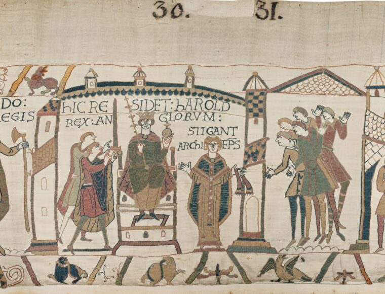 Close-up of Bayeux Tapestry, for a stay One Aldwych in Covent Garden in London, featuring intricate medieval embroidery-style artwork.