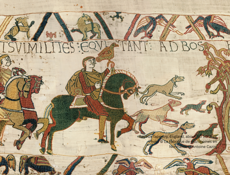 Close-up of Bayeux Tapestry, for a stay One Aldwych in Covent Garden in London, featuring intricate medieval embroidery-style artwork.
